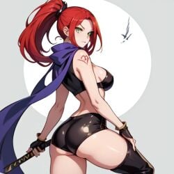 1girls ai_generated ass gloves green_eyes katana long_hair looking_at_viewer looking_back ponytail purple_scarf red_hair red_tattoo sideboob tattoo_on_arm