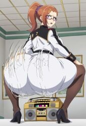 1girls ai_generated ass ass_shake belt black_pantyhose body_control breasts dekutree10 eva_renfield eyewear gold_boombox_(prevence) high_heels huge_ass large_breasts long_sleeves looking_at_viewer looking_back medium_hair military_uniform nageki_no_bourei_wa_intai_shitai orange_hair pantyhose pencil_skirt red-framed_eyewear semi-rimless shaking_ass shirt skirt tight_clothes tight_shirt twerk twerk_hypnosis twerking twintails white_shirt white_skirt