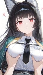 1girls ? ai_generated animal_ear_fluff animal_ears black_hair breast_grab breasts busty fox fox_ears fox_girl grabbing_breasts groping groping_breasts hoshimi_miyabi large_breasts red_eyes solo zenless_zone_zero