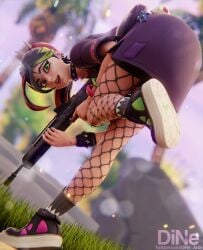 1girls ass clothing dark_hair dine_arts fortnite green_eyes helsie_(fortnite) outdoors