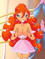 1girls 4kids_entertainment bare_shoulders barrettes big_breasts bimbo bloom_(winx_club) blue_eyes bow breast_squeeze breasts busty cleavage covering covering_breasts covering_nipples detached_sleeves dress earrings eyeliner eyeshadow female ginger hairbow hourglass_figure jewelry large_breasts lipstick long_hair looking_at_viewer makeup necklace nickelodeon orange_hair rainbow_(animation_studio) red_hair smile smiling solo teeth thighhighs thighs thin_waist top_down topless very_long_hair voluptuous wasp_waist winx_club zfive