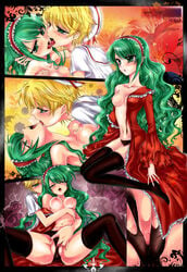 1boy absurdres black_legwear black_panties blonde_hair blush breasts character_name clothing face_licking female fingering french_kiss green_eyes green_hair hat highres hippo_(mermaid_melody_pichi_pichi_pitch) hug hug_from_behind kissing licking long_hair mermaid_melody_pichi_pichi_pitch nadi2697 navel nipples open_mouth panties short_hair straight tears thighhighs tongue underwear yuuri_(mermaid_melody_pichi_pichi_pitch)