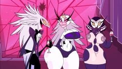 1bimbo 1boy 2girls accurate_art_style anthro_bird bimbo bimbofication edit edited_official_artwork edited_screencap helluva_boss huge_ass huge_breasts huge_hips massive_ass notagoodguy1_(autor) stella stella_(helluva_boss)