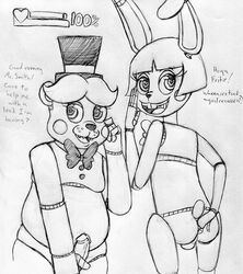 2boys animatronic anthro anus ass balls bear bow_tie duo english_text femboy five_nights_at_freddy's five_nights_at_freddy's_2 fritz_smith_(fnaf) girly hat headgear heart heart-shaped_pupils inkyfrog inviting lagomorph looking_at_viewer machine male male_only mammal meter mind_control monochrome penis presenting presenting_hindquarters rabbit robot spread_ass spreading symbol-shaped_pupils text toy_bonnie_(fnaf) toy_freddy_(fnaf) trap video_games