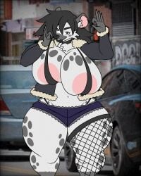 bikini_top black_bikini_top black_fur black_hair booty_shorts canine choker coat daisy_dukes denim_shorts doopie doopkaboom_(artist) exodus_(stoopiedoopie) fishnet_legwear fishnets hyena jacket jacket_open oc original_character solo tagme thong white_fur