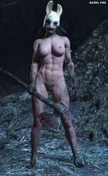 1girls 3d axe dead_by_daylight full_body hazelfox mask muscular muscular_female nude nude_female pubic_hair solo the_huntress_(dead_by_daylight)