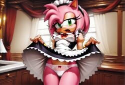 ai ai-created ai_art ai_generated amy_rose animal_ears animal_nose anthro female female_anthro french_maid furry furry_female green_eyes hedgehog hedgehog_girl hedgehog_humanoid maid maid_headdress maid_outfit maid_uniform panties pink_fur pink_hair pink_skin skirt_lift skirt_up small_breasts sonic_(series) sonic_the_hedgehog_(series) white_panties