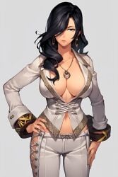 ai_generated amamiya_tsubaki big_breasts black_hair busty female_only god_eater huge_breasts mature_female tensor.art white_suit