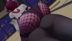 2girls 3d animated ass ass-to-ass ass_focus ass_press bare_shoulders bodysuit female_only fishnet_pantyhose from_behind genshin_impact huge_ass kishi leotard lying multiple_girls on_stomach pantyhose purple_hair rosaria_(genshin_impact) shenhe_(genshin_impact) short_hair skin_tight tagme video