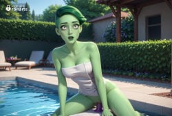 breasts colored_skin solo dildo green_skin sex_toy green_hair towel outdoors short_hair green_eyes pussy naked_towel vaginal medium_breasts water cleavage uncensored female_masturbation masturbation collarbone day dildo_riding pool pussy_juice bare_shoulders object_insertion artist_name wet vaginal_object_insertion tree r34arts hi_res ai_generated star_trek star_trek_lower_decks d'vana_tendi 1girls female vaginal_insertion vaginal_masturbation dildo_in_pussy dildo_insertion