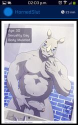 1boy 2015 anhes anthro balls bathroom blue_eyes cellphone chicobo collaboration dating_site devil_horns eddie erection eyewear glasses looking_at_viewer male male_only mammal mirror musclegut muscular nude penis phone rhinoceros selfie smile solo toned uncut vein