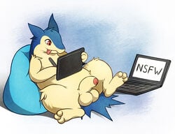 1boy anthro balls barefoot computer drawing english_text fur laptop male male_only nintendo penis pokemon pokemon_(species) rikuaoshi sitting smile solo spread_legs spreading straight_hair text tongue tongue_out typhlosion uncut video_games