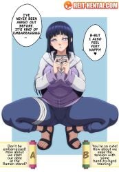 cameltoe english_dialogue english_text female hyuuga_hinata looking_at_viewer naruto_(series) naruto_shippuden open_legs options reit shy shy_expression squatting tagme text watermark