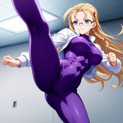 ai_generated blonde_hair clothed glasses history's_strongest_disciple_kenichi long_hair martial_arts miu_furinji unitard