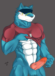 1boy abs anthro balls bulge canine clothed clothing cum cum_on_penis digimon erection fur half-dressed looking_down machgaogamon male male_only mammal manly muscles navel necklace nipples pecs penis precum shinobiya shirt solo standing thick_penis vein veiny_penis wolf