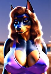 3d ai_generated anthro black_fur brown_eyes brown_fur brown_hair cleavage cleavage_overflow doberman dobermann dominant_female eyeshadow female_focus female_only furry furry_female furry_focus furry_only giant_breast giant_breasts looking_at_viewer makeup mature_female milf mother nipple_outline seductive tank-top tank_top tight_clothing two-tone_body wavy_hair