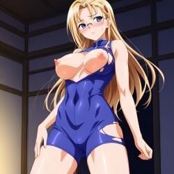 ai_generated blonde_hair blush exposed_breasts glasses history's_strongest_disciple_kenichi long_hair miu_furinji ripped_clothing unitard