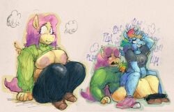 2girls anthro anthro_on_anthro bbw big_breasts blush blushing braless breasts_out chubby chubby_female enthusiastic fluttershy_(mlp) large_areolae lesbian_sex my_little_pony pink_hair plap plap_(sound) plapping punkitt rainbow_dash_(mlp) rainbow_hair simple_background sweat sweatdrop sweater sweater_lift tail wholesome wholesome_sex wholesome_yuri wolfgirl9million yuri