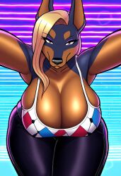 ai_generated anthro bending bending_forward black_fur blonde_hair breasts_bigger_than_head brown_eyes brown_fur cleavage cleavage_overflow doberman dobermann dominant_female eyeshadow female female_focus furry furry_female furry_focus furry_only giant_breasts hanging_breasts hyper_breasts jeans looking_at_viewer makeup mature_female milf mother only outrun retrowave seductive side_boob straight_hair tank-top tank_top thick_thighs tight_clothing two-tone_body vaporwave wide_hips