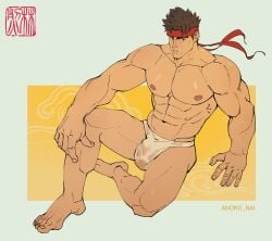 1boy abs absurdres alternate_muscle_size anoko_nai bara brown_eyes brown_hair feet gay hashtag-only_commentary headband highres iron_fist_(marvel) large_pectorals looking_at_viewer male_focus male_underwear marvel marvel_rivals muscular muscular_male navel nipples parted_lips pectorals red_headband short_hair sitting solo thighs topless_male twitter_username underwear underwear_only wet wet_clothes wet_male_underwear