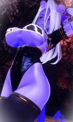 3d big_breasts black_sclera breasts cow_print_bikini demon demon_girl demon_horns demon_tail demoness exposed_hips hair_ornament horns indie_virtual_youtuber large_breasts long_hair looking_at_viewer looking_down_at_viewer low-angle_view magenta_eyes mimiqu purple_body purple_skin thigh_highs thighhighs thighs underboob vrchat vrchat_avatar vrchat_model vtuber white_hair