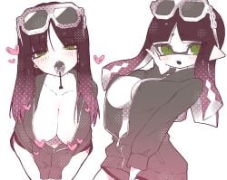 2girls big_breasts boob_window dokudami-sama_(vaz_999) gradient_hair green_eyes humanoid inkling_girl jacket looking_at_viewer purple_hair splatoon sunglasses sunglasses_on_head unzipped_jacket vaz_999