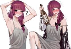 1girls ? armpits arms_up blunt_bangs blush bocchi_the_rock! bottle bow braid breasts celyn404 cleavage collarbone dress drunk duplicate eyelashes female flying_sweatdrops hairbow highres hime_cut hiroi_kikuri holding holding_bottle jacket jacket_partially_removed knee_up large_breasts lips long_hair looking_at_viewer multiple_views no_bra off_shoulder pixel-perfect_duplicate purple_eyes purple_hair sake_bottle sideboob simple_background single_braid sitting sleeveless strap strap_slip sweat trembling upper_body white_background
