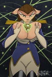 big_breasts breast_squeeze captain_amelia gloves glowing licking looking_at_viewer orb solo_female theblueorc treasure_planet uniform