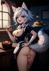 1futa ai_generated ambiguous_gender ass ass_focus blue_eyes cat_ears dickgirl fangs flaccid fox fox_ears fox_tail from_behind from_behind_view futanari ilfb looking_at_viewer maid maid_dress maid_headdress maid_outfit maid_uniform medium_breasts medium_hair oerba_yun_fang skirt standing white_hair