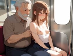 age_difference ai_generated blush blush embarrassed embarrassed_female embarrassed_nude_female fat fat_man looking_at_breasts old_man older_male older_man_and_teenage_girl pulling_down_shirt sexual_assault sexual_harassment small_breasts teen teen_girl teenage_girl teenager tiny_breasts train_interior