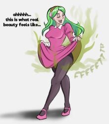 black_leggings brianne_de_chateau dragon_ball dragon_ball_super dress_lift dutch_oven fart fart_cloud fart_fetish pink_dress proud