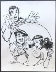 1woman 2male areola areolas belly_button black_hair_female boobs breasts dc dc_comics lips monochrome neal_adams nude_female superman tits topless wonder_woman