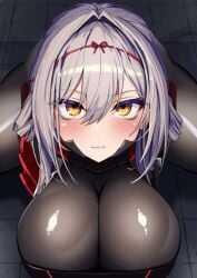 blush breasts cleavage clenched_teeth glaring goddess_of_victory:_nikke huge_breasts kneeling looking_at_viewer ninopal scarlet_(nikke) skin_tight white_hair yellow_eyes