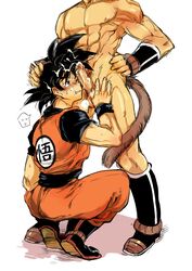 2boys ayo_(isy8800) blush clothed_male_nude_male cum cum_on_hair dragon_ball dragon_ball_z gay hand_on_head male male_only monkey_tail multiple_boys multiple_males muscles muscular muscular_male oral raditz son_goku squatting tail yaoi