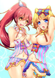 2girls areolae arm_up armpits asymmetrical_docking blonde_hair blue_eyes blush breasts ebims heart heart-shaped_pupils highres large_breasts long_hair minami_mirei multiple_girls navel nipples open_mouth pink_hair pretty_rhythm pripara puffy_nipples pussy saliva shiratama_mikan smile symbol-shaped_pupils thigh_strap uncensored yellow_eyes