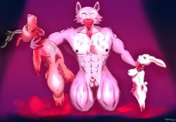 abs animal_genitalia anthro antlers balls beastars big_ears blood blood_on_face blood_on_genitals blood_pool bodily_fluids breasts canid canine canis cervine death deer excessive_blood female genitals glowing glowing_eyes gore group guts haru_(beastars) hi_res horn intestines lagomorph legoshi_(beastars) leporid louis_(beastars) male mammal missing_limbs muscular muscular_anthro muscular_male notched_ear nude oddkangal organs penis rabbit red_deer sheath trio unhinged_jaw violence wolf