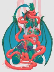 anthro bottomwear breasts clothing dragon female hale. hi_res inkh jacket mythological_creature mythological_scalie mythology penetration restrained rule_63 scalie shirt shorts slime small_breasts solo succubus tentacle topwear torn_clothing