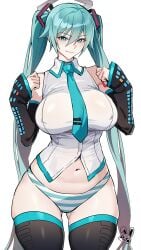 1girls aqua_necktie big_breasts black_thighhighs blue_archive celyn404 clenched_hand collared_shirt detached_sleeves female green_eyes green_hair hair_ornament halo hatsune_miku highres large_pectorals lips long_sleeves looking_at_viewer navel necktie panties pectorals shirt simple_background sleeveless sleeveless_shirt sleeves_past_wrists smile solo striped_clothes striped_panties thighhighs twintails underwear vocaloid white_background white_shirt