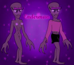 2_toes 3_fingers alien alien_humanoid anthro bald bottomwear clothing crazy_8_animations enderman enderwoman eyelashes feet female fingers flat_chested genitals glowing glowing_eyes glowing_nipples grumpy hairless humanoid long_eyelashes long_sleeves microsoft minecraft mojang navel nipples pie_cut_eyes purple_body purple_eyes pussy rib_cage ribs simple_background skinny skirt solo sweatshirt toes xbox_game_studios