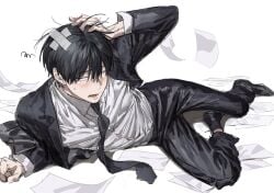 _chamuring artist_name black_eyes black_hair black_jacket black_shoes black_suit black_tie black_tie_(suit) blush blush_lines blushing_at_viewer button_down_shirt buttoned_shirt buttons buttons_(nipples) crying_with_eyes_closed crying_with_eyes_open cute_face detailed detailed_clothes fangs fully_clothed han_maru hand_on_head hurt masculine masculine_male paper papers shoes short_hair silly small_fangs small_iris solo solo_male special_civil_servant submissive_pose suit suit_and_tie sweating version working yaoi