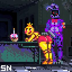 ass bonnie_(fnaf) cupcake_(fnaf) erect erect_penis erection five_nights_at_freddy's five_nights_at_freddy's_2 fnaf fnaf_2 gray_penis leaning_forward leaning_on_table looking_back office office_desk panties pink_panties pixel_(artwork) pixel_art pixelated plump_ass presenting presenting_hindquarters purple_balls purple_body purple_fur shadowy_neomaniac straight thick_ass tiled_floor touching_ass toy_chica_(fnaf) withered_bonnie yellow_ass yellow_body yellow_fur