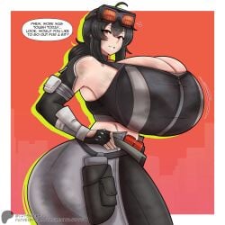 1female 1girls artist_name black_hair breasts_bigger_than_head cleavage crysnickel dirty_clothing english_text female grace_howard hand_on_hip huge_ass huge_breasts orange_eyes sideboob solo_female sweat tagme text thick_thighs tight_clothing tomboy twitter_link zenless_zone_zero