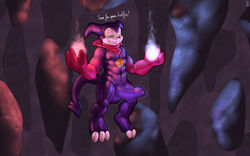 1boy abs anthro balls bandana clothing dialogue digimon english_text erection foreskin front_view gloves grin huge_cock humanoid_penis impmon levitation long_foreskin magic male male_only mot muscles naughty_face nipples nude pecs penis shiny solo text uncircumcised uncut vein veiny_penis