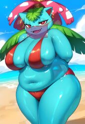 ai_generated anthro anthro_only anthrofied big_breasts bikini breasts busty chubby_female clothing curvaceous curvy curvy_body curvy_female curvy_figure deep_navel ear_piercing ear_ring eyelashes female female_anthro female_focus female_only flower furry furry_female furry_only generation_1_pokemon glistening glistening_body hands_behind_back harem_outfit hi_res huge_breasts javvy leaf mostly_nude mostly_nude_anthro mostly_nude_female mouth_veil navel nintendo oiled oiled_body oiled_skin piercing plant pokémon_(species) pokemon pokemon_(species) pokemorph red_eyes ring_piercing seductive shiny_skin slightly_chubby smile solo stable_diffusion swimwear teal_body teal_skin thick_thighs venusaur voluptuous voluptuous_female wide_hips