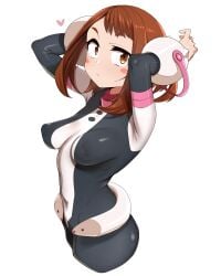 1girls arms_up brown_eyes brown_hair dressed female female_focus female_only georugu13 half_body hero_outfit_(mha) light-skinned_female my_hero_academia nipples_visible_through_clothing no_visible_genitalia ochako_uraraka short_hair skinny_female tagme