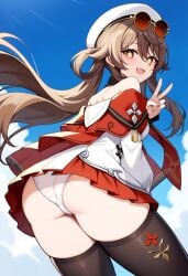 ai_generated alternate_costume ass ass_focus bare_shoulders blush brown_eyes brown_hair dress female from_behind from_below genshin_impact hat hu_tao_(cherries_snow-laden)_(genshin_impact) hu_tao_(genshin_impact) leaning leaning_forward long_hair looking_at_viewer looking_back official_alternate_costume open_mouth panties scarf short_dress smile solo sunglasses sunglasses_on_head thick_thighs thighhighs twintails upskirt very_long_hair