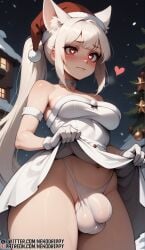 2024 ai_generated big_penis blush bulge choker christmas christmas_outfit dickgirl floating_heart futa_only futanari heart-shaped_pupils high_resolution highres lifting_skirt long_hair long_ponytail nekodrippy nervous oc original original_character patreon patreon_username red_eyes small_penis spoken_heart stable_diffusion twitter twitter_username viewed_from_below white_gloves white_hair white_thong wolf_girl