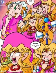 2girls blonde_hair burping burping_up_object dp1up english_text light-skinned_female light_skin long_hair nintendo palutena princess_zelda swallowing text vore zelda_(a_link_between_worlds)