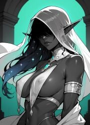 ai_generated armlet bare_shoulders black_hair breasts covered_nipples dark_elf dark_skin elf female hair_over_one_eye jewelry long_hair navel nipples parted_lips pointy_ears see-through sideboob solo sparkle sundayfinest veil