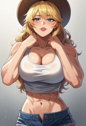 1girls 2d abs ai_generated athletic blonde_hair blue_eyes breasts civitai cleavage cowboy_hat cowgirl denim_shorts female female large_breasts lipstick muscular muscular_female navel red_lipstick solo suggestive unzipped white_tank_top